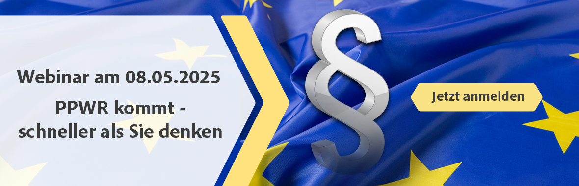 Banner mit Europaflagge und Paragraphen-Zeichen zum Webinar über die PPWR