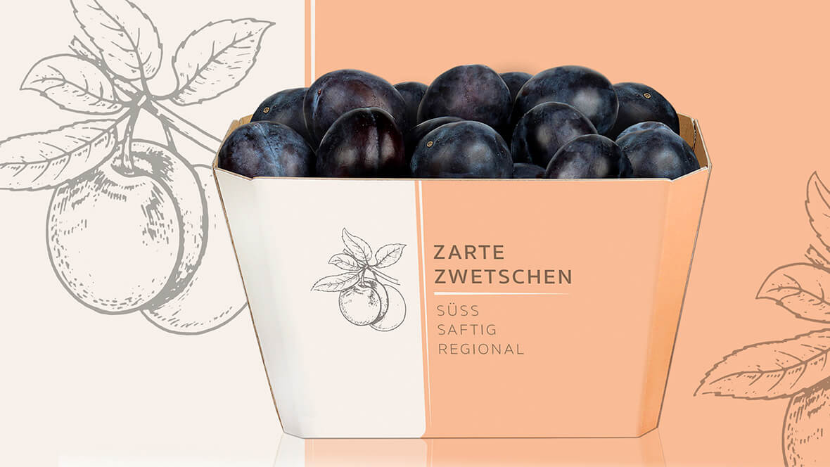 Die Designidee von L&S zeigt eine Kartonschale für Zwetschgen oder Pflaumen.