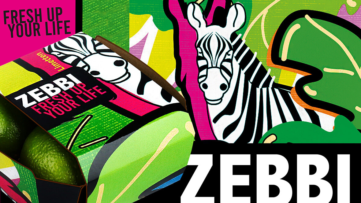 Die Verpackungsdesignidee von L&S zeigt eine kunterbunte Kartonschale für Limetten von ZEBBI.