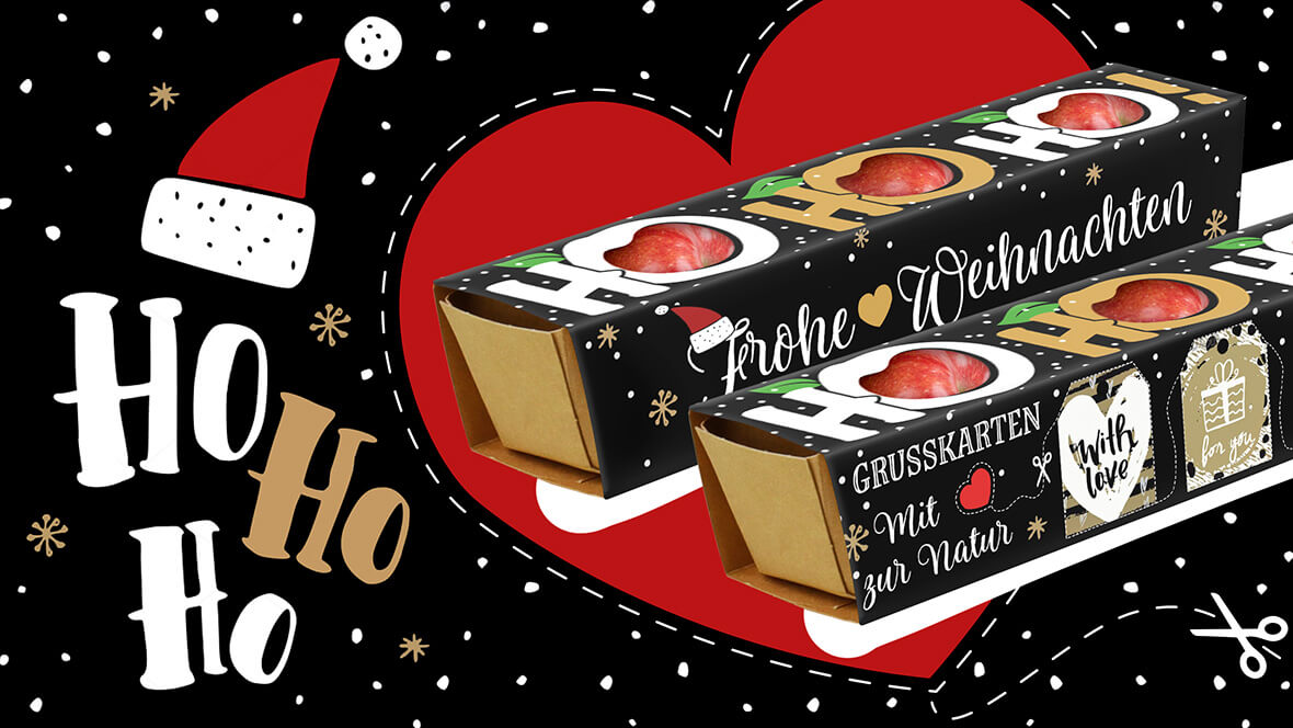 Die Verpackungsdesignidee von L&S zeigt eine weihnachtliche Schuber-Karton mit Grußkarte für Äpfel.