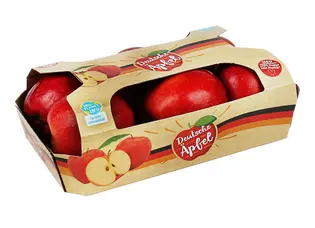Freigestelltes Bild einer Kartonschale mit Lasche für Äpfel für Handelsmarke REWE.