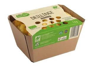 Freigestelltes Bild einer Kartonschale mit Topwrap für Kartoffeln für die Handelsmarke ALDI - GUT bio.