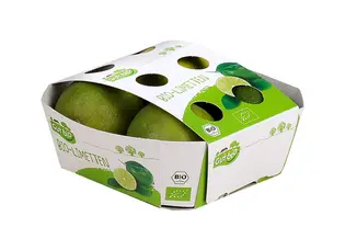 Freigestelltes Bild einer Kartonschale mit Lasche für Limetten für Handelsmarke ALDI - GUT Bio.