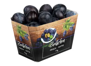 Freigestelltes Bild einer Kartonschale für Zwetschgen oder Pflaumen für Handelsmarke EDEKA.