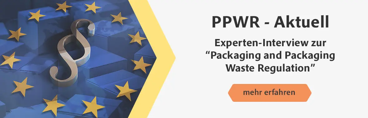 Banner mit Europaflagge und Paragraphen-Zeichen zum Thema PPWR