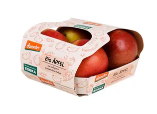 Freigestelltes Bild einer Kartonschale mit Schuber für Äpfel von demeter für Handelsmarke EDEKA.