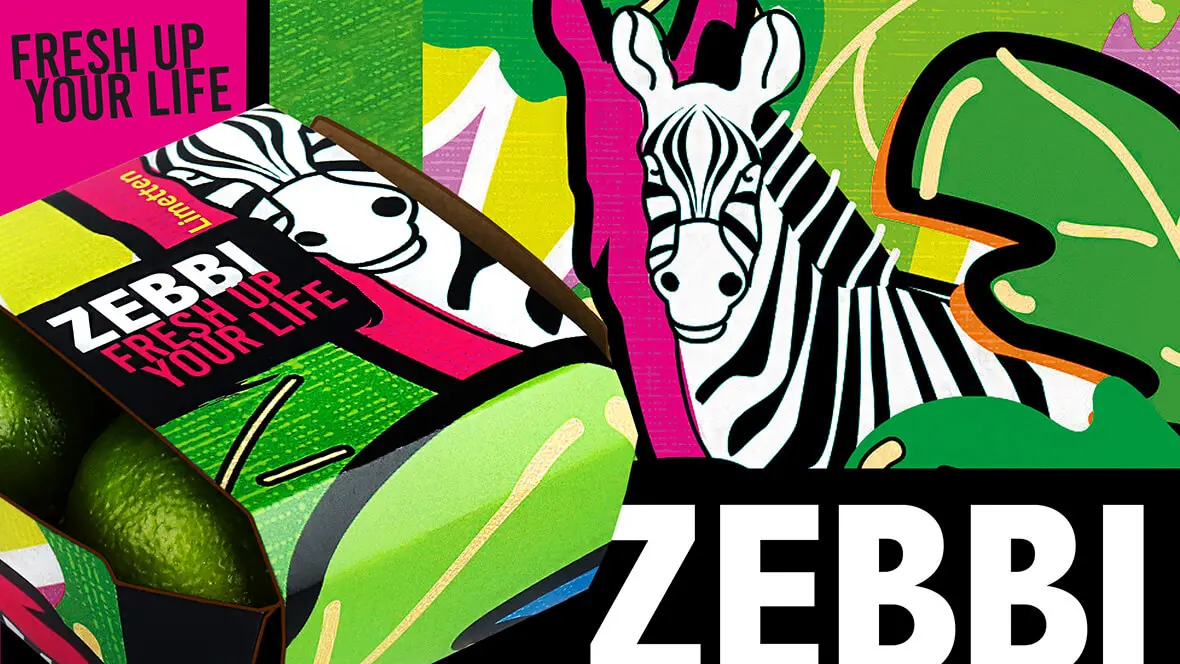 Die Verpackungsdesignidee von L&S zeigt eine kunterbunte Kartonschale für Limetten von ZEBBI.