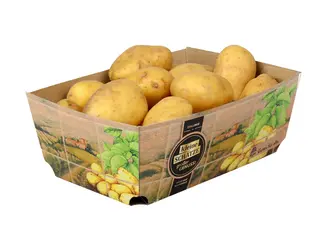 Freigestelltes Bild einer Kartonschale mit Kartoffeln für die Handelsmarke ALDI.
