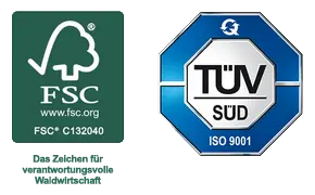 Das Bild zeigt das Logo von FSC und TÜV Süd