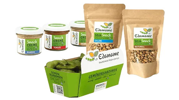 Freigestelltes Bild mit Lebensmittelverpackungen für Dips, Edamame, Sojabohnen und Cremes.