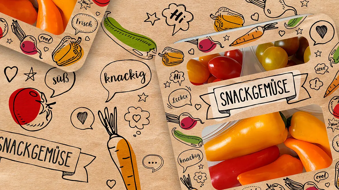 Die Designidee von L&S zeigt eine Schuber-Karton für Snackgemüse wie Paprika und Tomaten.