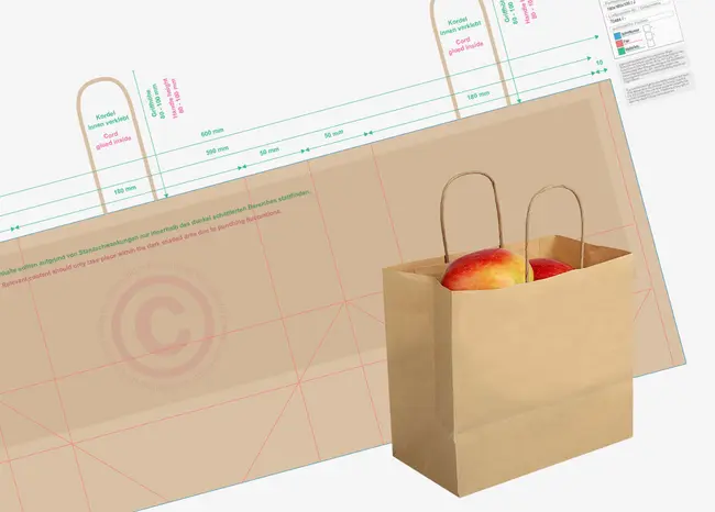 Technische Zeichnung einer Papiertragetaschen mit Kanzi®-Äpfeln zur Abstimmung