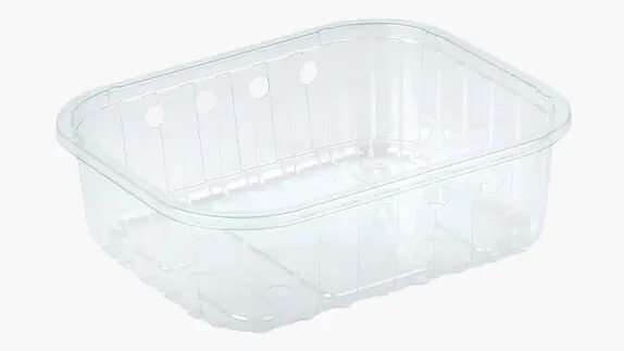Freigestelltes Bild einer R-PET Schale in der losen Vermarktung, ohne Vlies, Etikett oder Siegelfolie